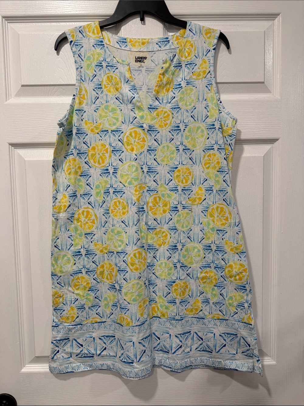 Lands' End Yellow Green Citrus Print Sleeveless V-Neck Tunic Swimsuit Coverup